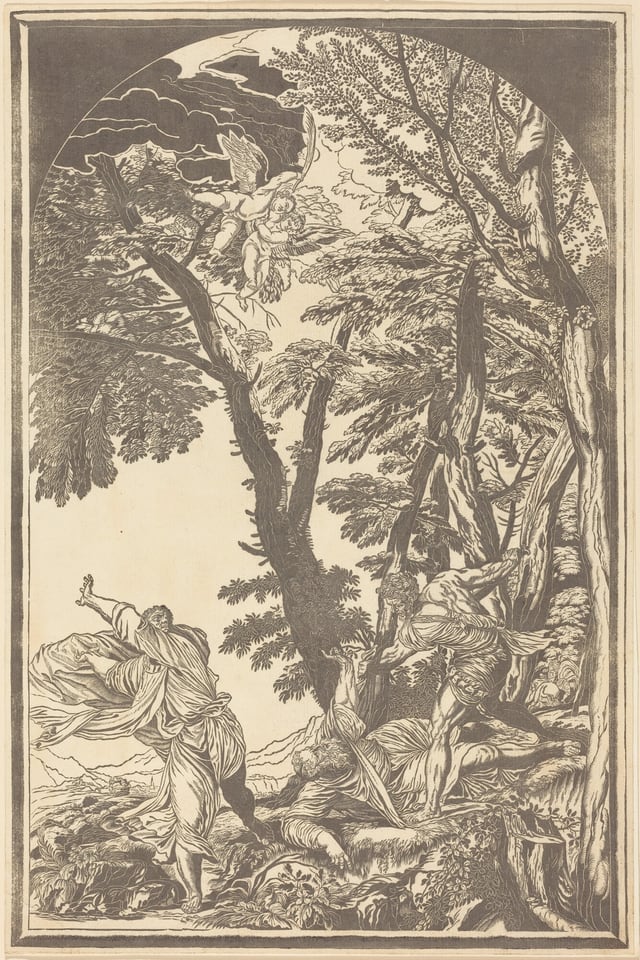 This drawing depicts multiple figures in a forest setting. An angelic figure hovers at the top with wings outstretched. The forest below is filled with intricately detailed trees. Figures on the ground are in dynamic poses, one showing surprise or fear, and another reaching upwards. The composition is detailed with flowing garments and textured foliage, evoking tension and animation.