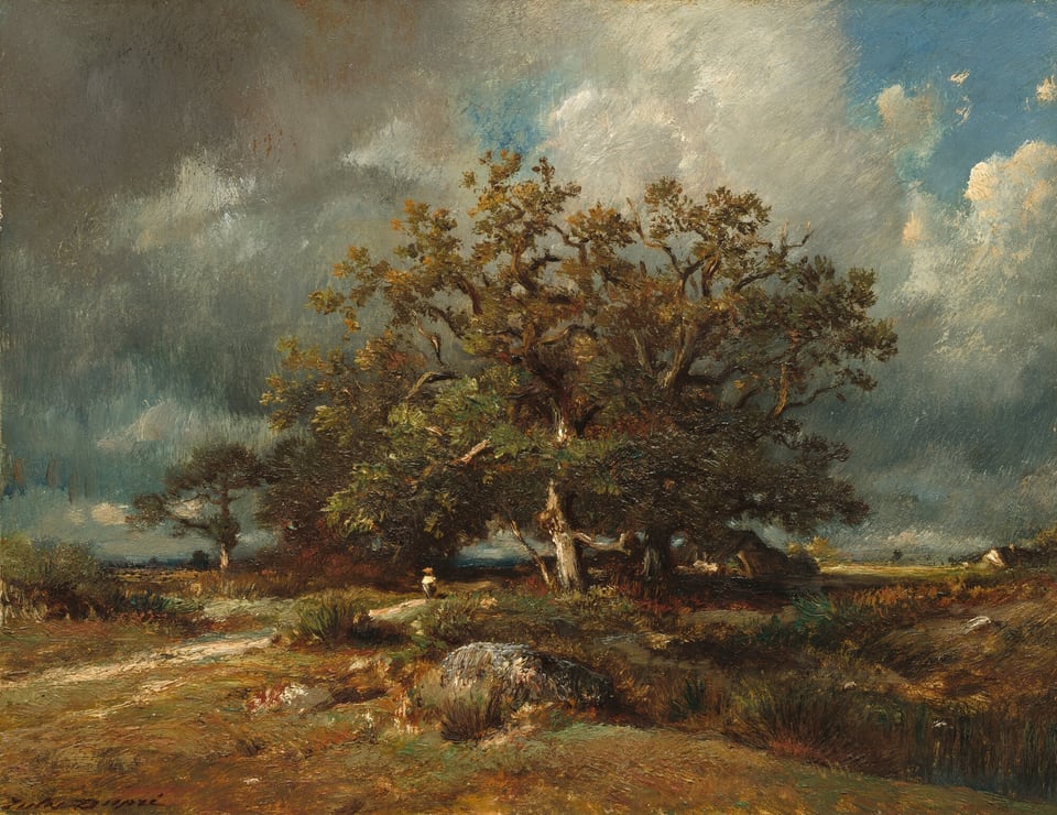The painting depicts a landscape with a field, trees, and a dramatic cloudy sky. Grass, rocks, and a group of large trees are visible in the center of the composition. Below the trees, there is a small shape that could be a person looking up. Farther back, there are some small triangular structures that might be houses. The brushstrokes are expressive and not much detail is visible in the smaller shapes. The grass and foliage are painted in earthy tones of brown, orange, and green, while the sky is blue with areas of thick gray and white clouds.