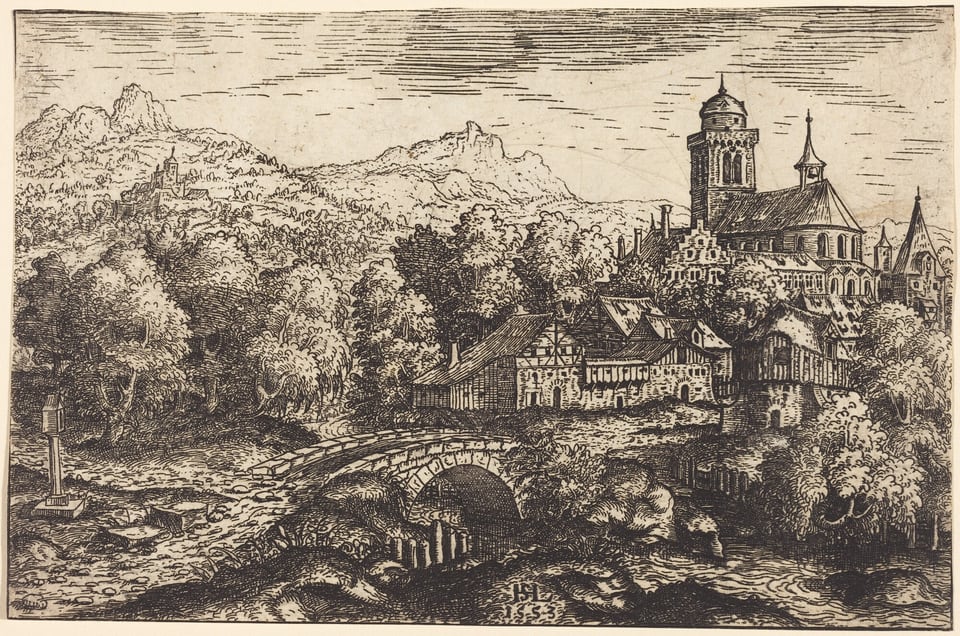 The image features a landscape view of a medieval village scene. It includes a stone bridge over a river, buildings, a church with a tower, trees, hills, mountains, and cloudy sky. The image is depicted in intricate detail using a monochromatic palette, focusing on contrasts of light and shadow.