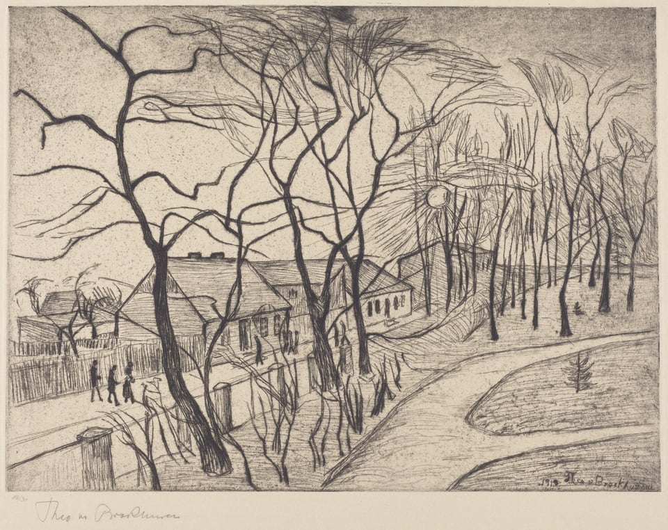 The image shows a residential area with barren trees, rooftops of houses, and people walking along fences. The trees sway in the wind, their branches extending in various directions. The scene is depicted in a monochromatic black and white style, with expressive lines creating a sense of movement and a sketch-like quality. The horizon is high, showing rooftops and the sun above it.