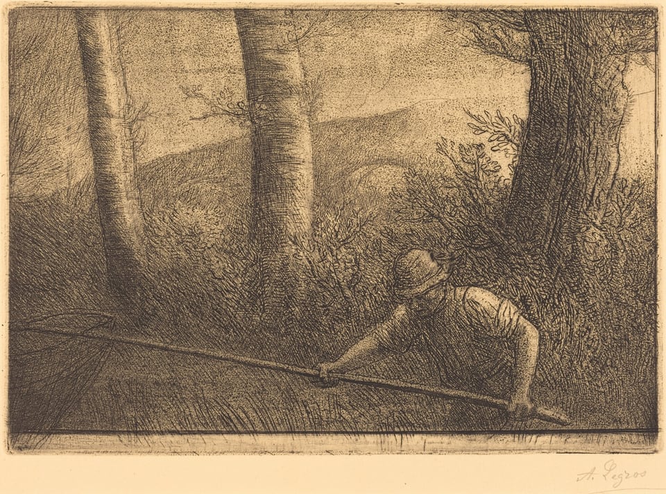 The image shows a man in a forest using a long tool. Tall trees flank him on either side. The ground rises to a hill in the background. The artwork is detailed, with intricate lines showing leaves and foliage. The color scheme is monochromatic, dominated by shades of brown and beige, giving a rustic feel. The scene is filled with trees and foliage, with a distant hill visible.