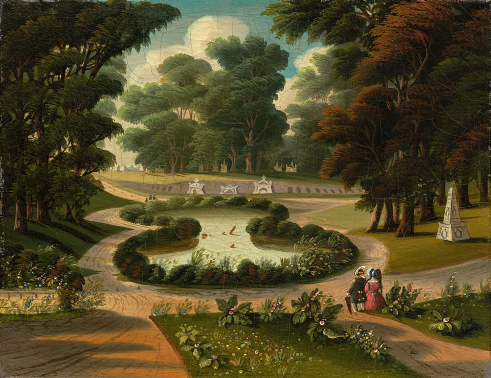 This painting shows a park-like landscape with trees, flowers, bushes, and a pond, all surrounded by light brown paths. The pond is in the center of the park, with light green-blue water framed by bushes, ferns, and tall flowers. Across from the pond are three large, white structures that could be mausoleums. Behind them is a hill with trees and more white graves or mausoleums on top of it. On either side of the pond, past the paths that encircle it, are tall trees with leaves in shades of dark green and brown. On the right side is a tall white structure that could be a grave or a monument. At the bottom of the painting, the paths curve up over a small hill in front of the pond. In between the paths are sections of grass dotted with small pink and white flowers. On the right side of the painting, a couple walks down the hill towards the pond. The person on the left wears a long blue coat decorated with gold buttons and a large, plumed hat, while the person on the right wears a pink gown and blue bonnet. Above the scene, the sky is blue, with puffy white clouds.