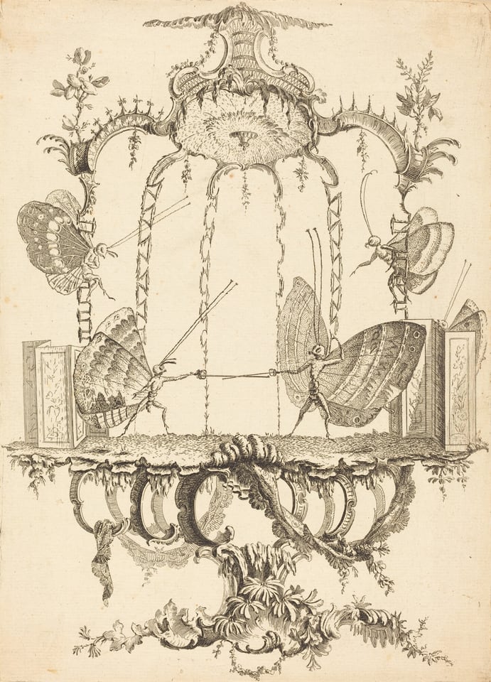 This is a drawing of anthropomorphic butterflies engaged in a duel with fencing swords. The butterflies have human-like bodies with wings resembling cloaks or capes. They stand on an ornate structure featuring decorative architectural elements like columns with floral and leaf motifs. Above them are arches, canopies, and hanging vines, creating a theatrical setting. The drawing combines fantasy and nature elements, showcasing elegance and imagination.