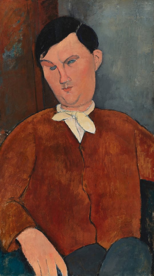 Shown from the lap up, a person with peach-colored skin sits facing us as he looks down and to our left in this vertical, stylized, portrait painting. The person’s clothing and features are outlined with thin black lines, and areas are filled in with mottled, streaked color painted with visible strokes. The person has a round face with a double chin and a small red mouth. The eyes are painted as slate-blue slivers under thin brows, one of which is cocked. The man’s short black hair is parted to one side and combed across the top of his head. He wears a white cravat tied at his neck under a rust-red jacket or shirt. Two rounded, muted blue forms below suggest crossed knees. The man’s right elbow rests next to his body, and that hand is near his lap. The background is painted with pecan brown on the left third and gray-blue on the right two-thirds.
