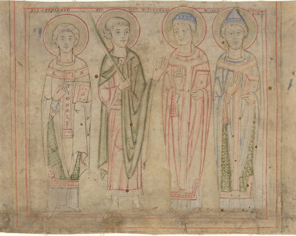 The image features four figures depicted upright from head to toe, each with a halo. The person on the far left has short, curly hair, wearing a decorated robe and holding a book, gesturing with the other hand. Next to him, the second figure also has short, curly hair and wears a striped robe, holding a staff. The third person has short hair under a blue and white cap, in a striped robe, holding a book while gesturing. The fourth figure has curly hair under a pointed cap, wearing a robe with blue and red detailing, holding a book with one hand raised. The background is a parchment-like surface with decorative red lining at the border.