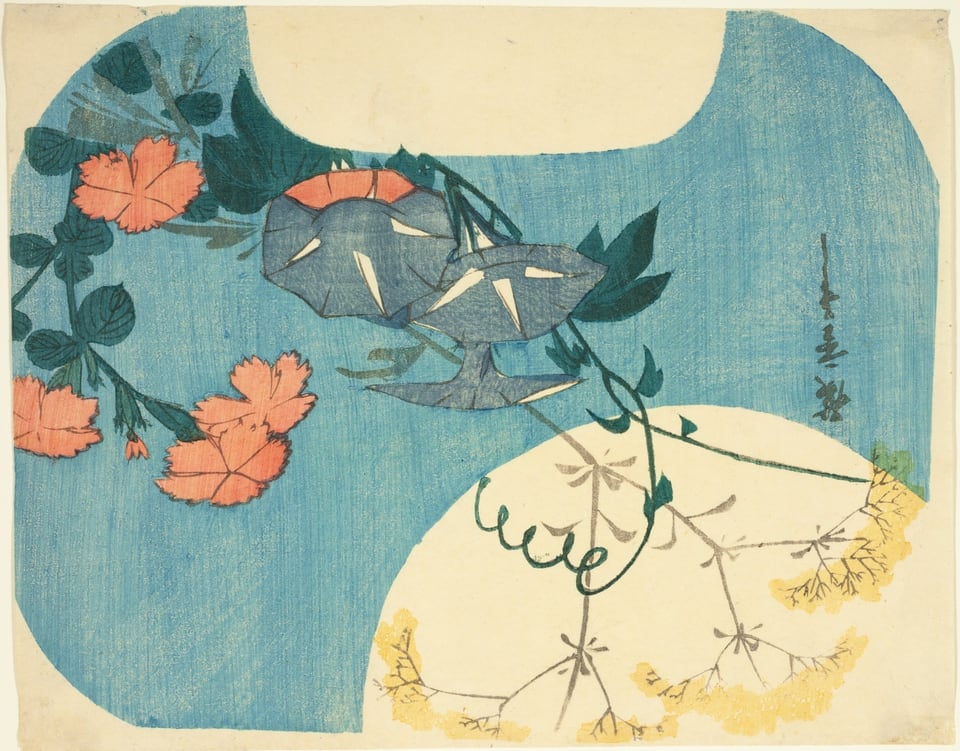A work made of color woodblock print; uchiwa-e.