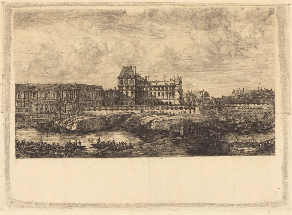 The image features a riverside scene with a large building in the center and smaller structures in the background. The sky is filled with clouds, and there are boats on the water. The artwork is done in an etching style, with detailed lines showing architectural elements, boats, and water ripples. The color scheme is monochromatic in shades of brown and black.