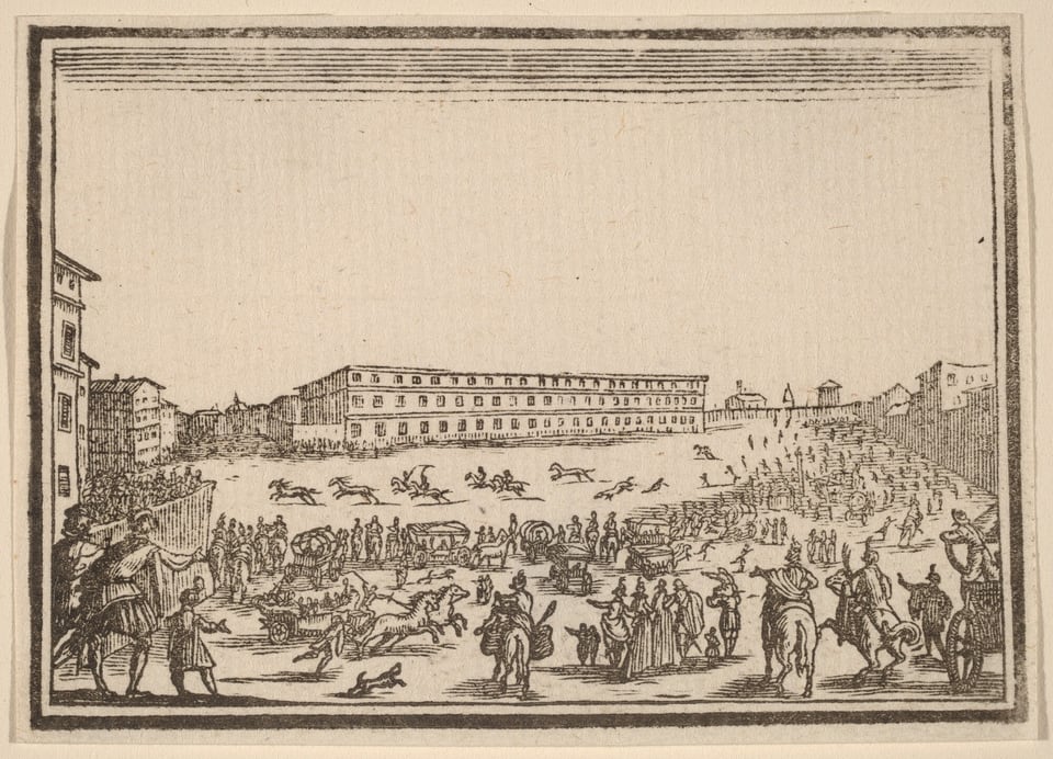 The image shows a wide aerial view of a public gathering. Buildings line the horizon overlooking the scene below. The detailed illustration features various individuals and animals in motion, including groups of people, horse riders, and carts. The monochromatic color palette contributes to a classic aesthetic.