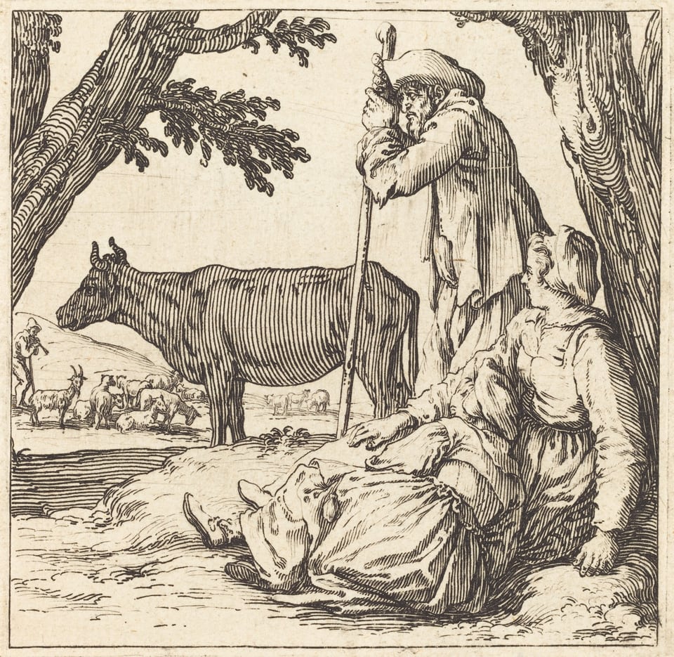 The image has an elevated perspective showing two figures with animals in the scene. One person is leaning against a tree with a stick, while the other is seated on the ground. A cow is between them and other livestock in the middle distance. A person in the distance is tending to the animals. The horizon is low in the image, hidden by rolling hills. The artwork is in monochrome with fine linework, creating texture through hatching and cross-hatching, emphasizing depth and dimensionality.