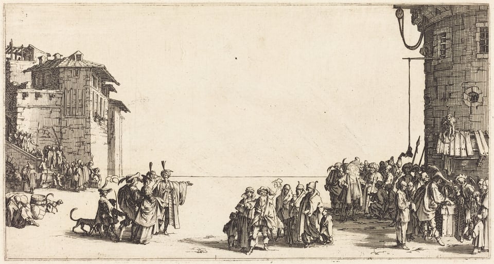 This is a drawing of a busy street scene with architectural structures and various figures. It depicts a large open area bordered by a grand building to the left and a rounded tower or structure to the right. The left side of the scene is lined with stairs leading up to an elevated walkway or platform, where people are gathered. In the middle and to the right, a crowd has formed, encompassing the space in front of the tower. Various individuals, some wearing distinctive headgear, are seen mingling and gesturing. The architectural details in the background, such as the windows and brickwork of the tower, frame the scene below. A hand-operated apparatus extends from the tower, possibly for lifting goods or supplies. The drawing captures a dynamic urban moment.