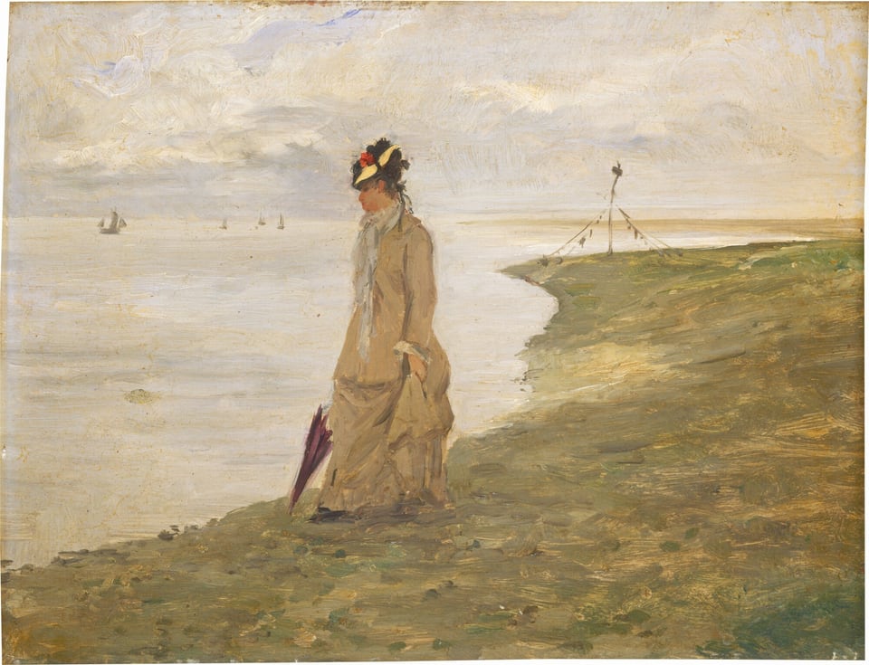 This painting shows a woman in a tan dress and a tan hat with red flowers, walking on a grassy shoreline, holding a dark purple umbrella. The woman is positioned in the center of the painting, and she faces the left, standing at the edge of the water, looking downward. She has light skin and dark hair put up under her hat. The horizon is high in the painting, where the blue-gray sky and water meet. Small ships are visible in the distance, floating on the horizon. On the right side of the painting, the yellow and green ground curves, sloping slightly downward to meet the water. The painting has loose, visible brushstrokes.