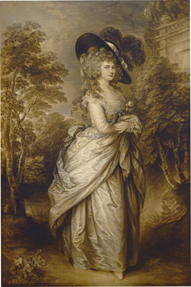 This painting is a full-length portrait of a woman with her body facing the right and her head turned toward us. She has light skin, curly gray hair, arched eyebrows, and a small mouth in a neutral expression. She wears an elegant light-colored dress with a large bow on the back and a large, dark, feathered hat, and she has a flower tucked in her arms, which also gather up some of her skirts. The background shows tall trees, with the edge of a wall visible in the upper-right corner. The color scheme of the painting is mostly olive-green, and everything has a green tint.