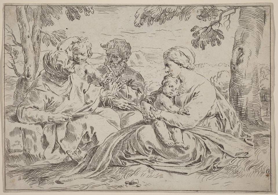 The artwork depicts four human figures, two males and two females, seated. One woman holds a baby, while one man holds a young child. The figures have different hairstyles and clothing, sitting in a natural setting with trees and hills in the background. The scene is drawn in a sketch-like style, focusing on lines and expressions.