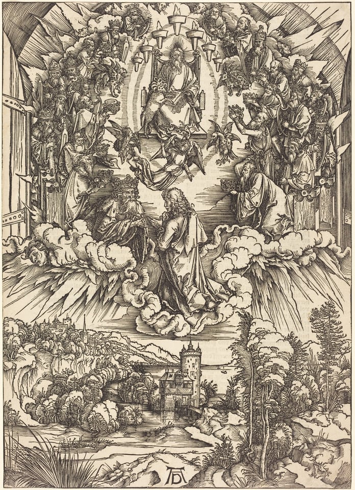 The image features a celestial scene with multiple figures depicted from head to waist. Two central figures are engaged in a conversation amidst clouds. One figure appears seated, possibly on a throne, holding a book. Both figures have long hair and beards. The robes worn by the figures are detailed. Other figures surround them in a semi-circle, some wearing crowns, holding items like bowls. Heavenly hosts with wings are seen above. The background shows a detailed landscape with trees, a river, and castles nestled in hills.