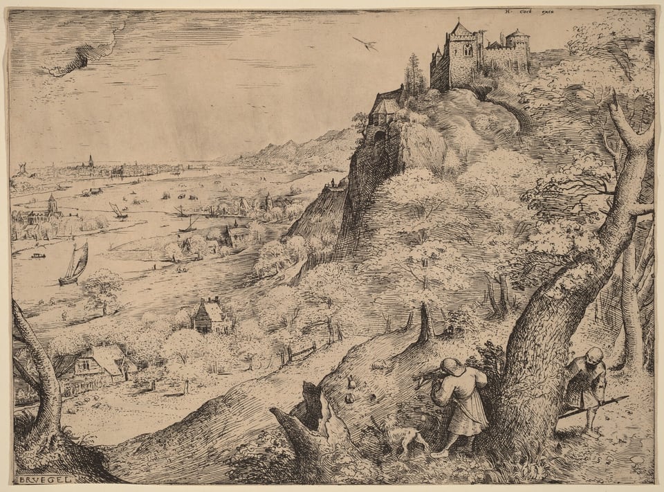 The image shows a landscape with a city in the distance, a castle on a cliff, fields, forests, and two figures with a dog hunting. There are sailboats on water and houses on farmland. The style is detailed with etching lines in sepia tones.