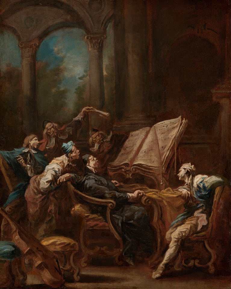 This is a painting of a group engaged in a music session, all looking towards a large open music book in a grand, architectural setting. Behind the group are tall, ornate columns and an arched background that opens up to show a cloudy blue sky. Most of the people have open mouths as if they are singing, while one man in the back seems to be conducting, holding a up roll of paper. Some of the people in the group are seated in cushioned wooden chairs, and a yellowish cloth is draped over the surface that the large book rests on. There is a string instrument similar to a cello near the bottom left corner. The colors used are rich, earthy browns, yellows, and reds, with elements of blue and white clothing. All of the people have pale skin, and two have long white mustaches.