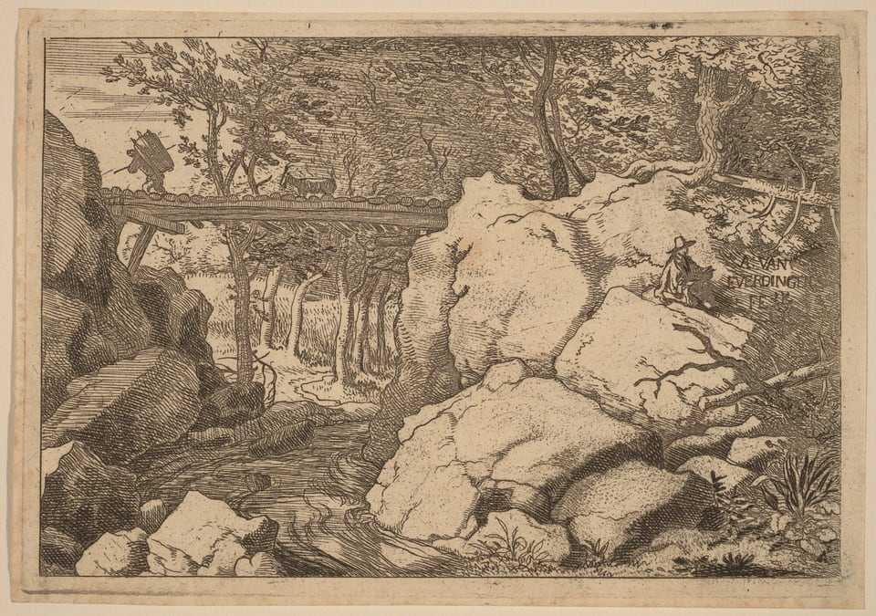 The image shows a landscape with rocky terrain, trees, and a stream. In the foreground, there is a bridge with a traveler and a dog crossing over the stream. The scene features detailed linework and cross-hatching to depict texture. The color palette is monochrome brown, resembling an etching or drawing style.