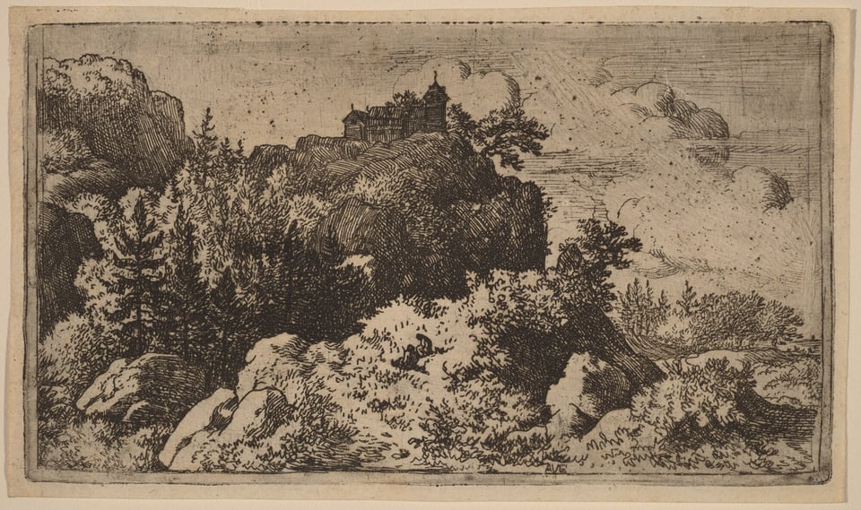 The image shows a slightly elevated perspective of a rugged landscape with dense vegetation and rock formations. The horizon is high in the upper third of the image, with a distant building or castle on a hill. The structure is silhouetted against the sky and partially obscured by foliage. Intricate line work and hatching create detailed textures and shading, especially in the trees and clouds. The color palette is monochromatic, using varying shades of brown and sepia to give the artwork an antiquated and rustic appearance.