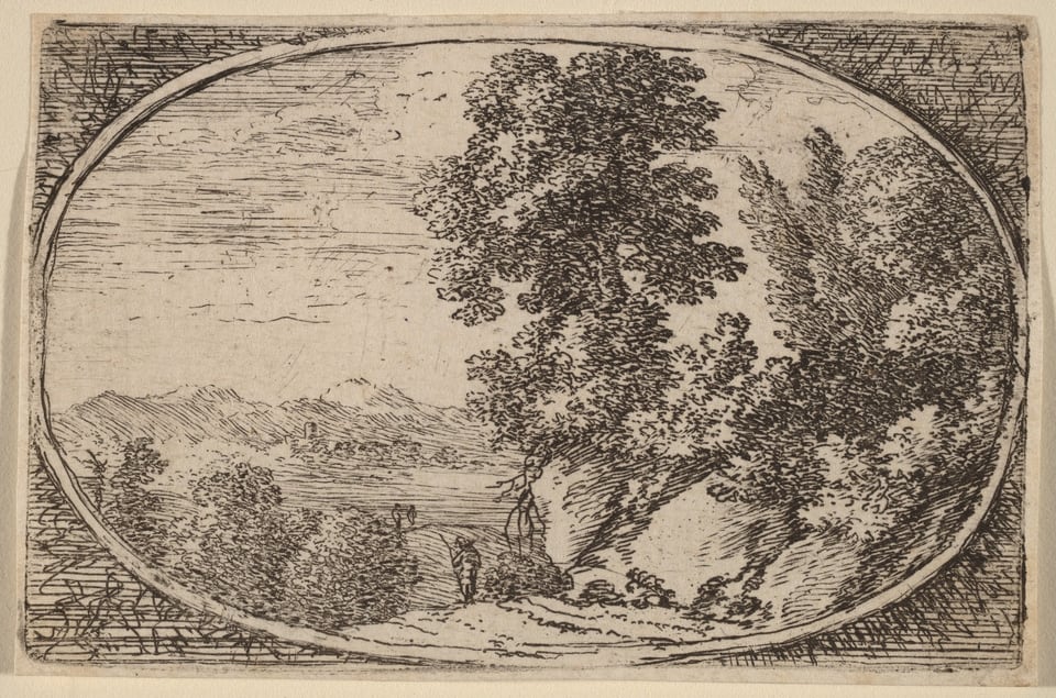 The image shows a landscape viewed from above. The scene is oval, framed by tree branches on each side. Distant mountains form a boundary near the top. Delicate, finely executed lines create detailed foliage and landscape features. A winding path with a small figure adds scale. Lush trees climb upwards, with a muted color palette of the paper and dark brown and black lines providing contrast.