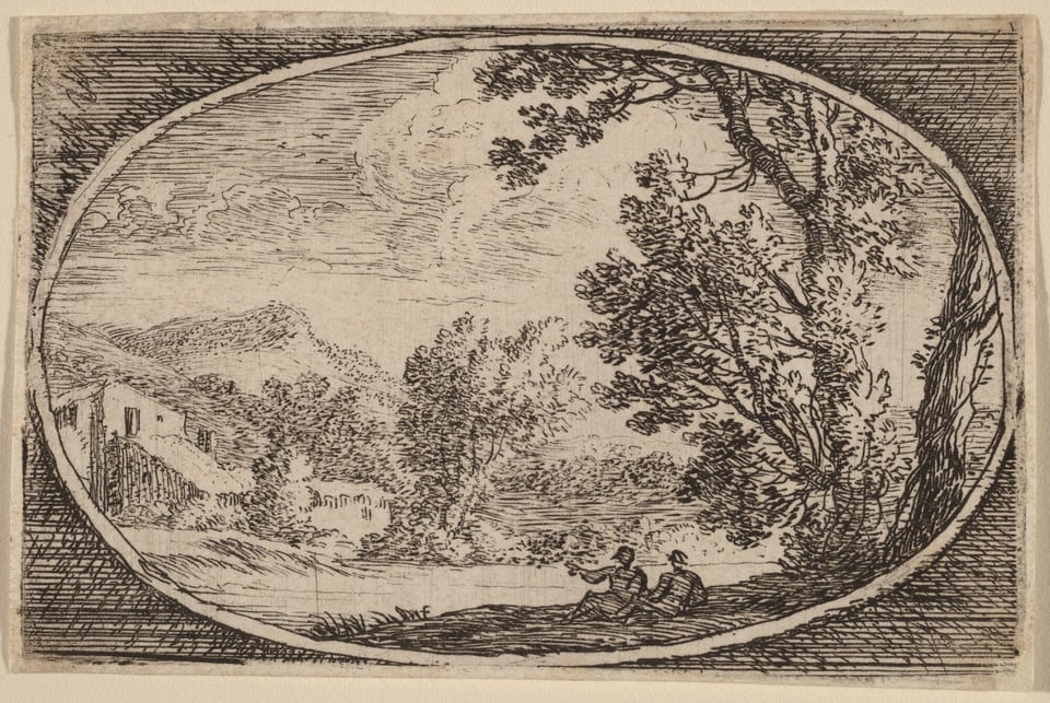The image shows an oval framing a scene with mountains, clouds, and trees. Delicate etched lines create textures in the landscape. The color palette is monochrome. Two figures are sitting under leafy trees, with a structure nearby.