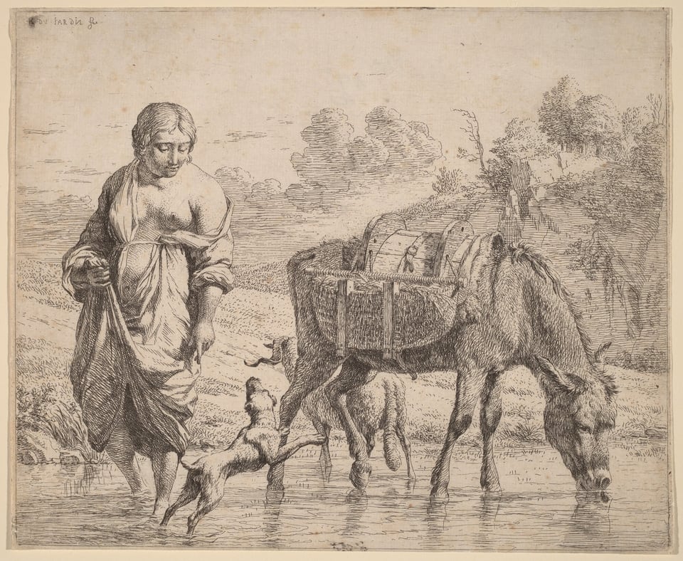 The image shows a woman standing close to us, slightly turned to the side, looking down, with a hand supporting her draped attire and the other grasping a stick. Next to her, a donkey drinks from a shallow stream, carrying a large wicker basket with barrels inside. A dog is splashing in the water beside them. The horizon is low, meeting a rise of land with trees and shrubs, leading the eye to a distant pathway where a couple of small figures can be seen. The sky above has sketchily rendered clouds. The style involves fine, detailed linework, characteristic of etching, emphasizing textures such as the fur of the donkey and the folds of the fabric. The color palette is monochromatic, relying on various intensities of ink and line density to render shadows and highlights.