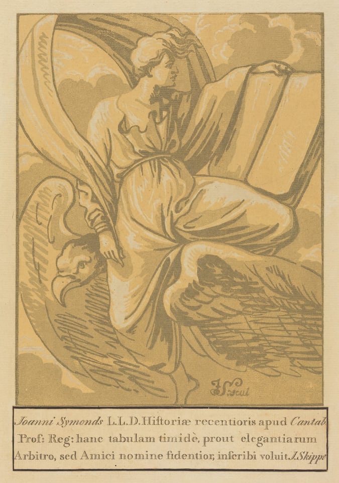 This is a drawing of a winged figure seated on a bird. The image depicts a figure with flowing robes, wings outstretched, holding an open book in one hand. The figure appears to be looking off to the side, with a serene expression. The lower part of the image includes a bird upon which the figure is seated. The bird's head is turned slightly upwards, following the direction in which the figure is gazing. The image is rendered in a warm, monochromatic palette. In the lower section of the image, there is some text, likely Latin.