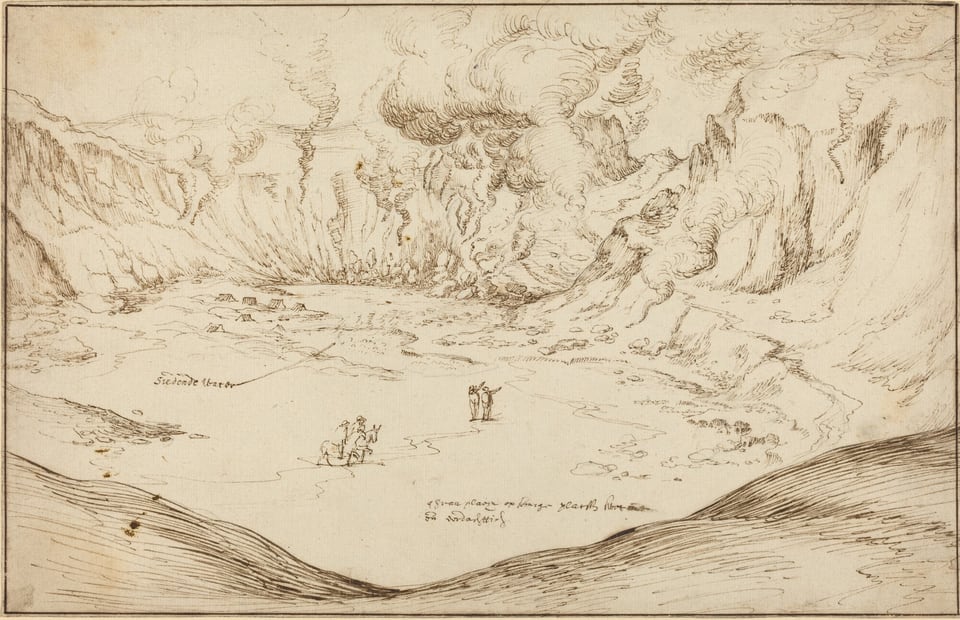 The image shows an elevated view looking down into a crater-like landscape with steep surrounding cliffs. The horizon is high in the image, obscured by rocky formations and rising plumes of smoke. The detailed drawing has a sketch-like quality with fine lines depicting the cliffs and swirling smoke. The color palette is monochromatic, using shades of brown and beige. Two figures and a horse stand on a sloped terrain, providing scale. The crater's basin is visible, with smoke plumes and rock formations in the distance, stretching towards the horizon.