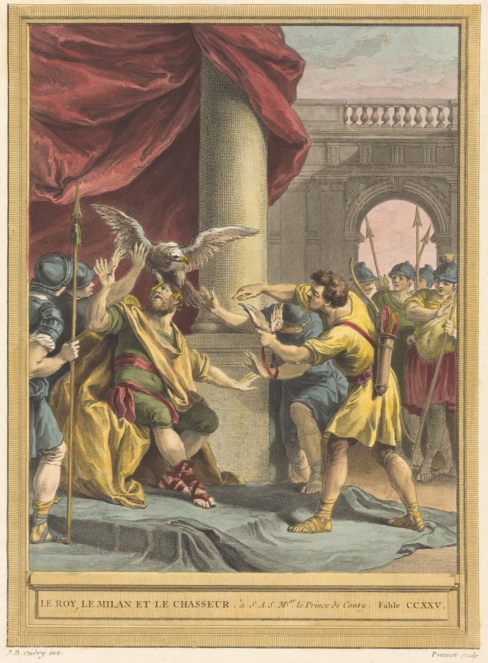 This is a painting of a king, a hawk, and a hunter in a classical architectural setting with columns and arches. In the image, a figure in royal clothing is seated beneath draped red fabric, facing a man in hunting attire holding a bird. A hawk perches on the royal figure's head, wings spread, while the hunter reaches toward the hawk. Surrounding them are other figures in armor, holding spears and shields. The style is reminiscent of classic European paintings with themes of mythology or allegory.