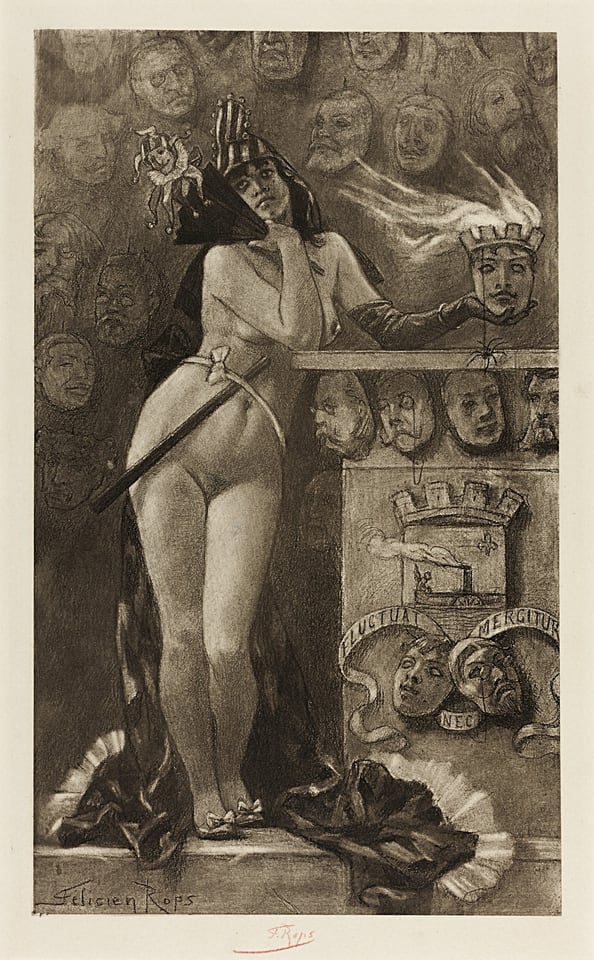 A work made of photogravure in dark brown retouched with soft varnish (vernis mou), roulette and blue handcoloring on thick cream wove paper.