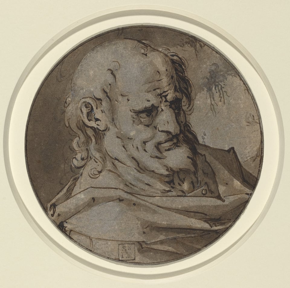 The image features the upper body and head of a man in a circular frame. The man is facing slightly to the side and downward, with his body oriented to the left and his head turned towards the viewer. He has a prominent forehead, a defined nose, a furrowed brow, and a scrunched face. His hair is thinning on top, with longer strands curling around the back and sides of his head. The man has a beard with similar curled texture as his hair. He is wearing a garment that drapes over his shoulders, with visible folds and a texture that suggests a substantial fabric. No jewelry or objects are in his hands, as they are not visible in this image. The background is plain with a light, sketchy look, focusing attention on the man as the central figure in the circular composition.