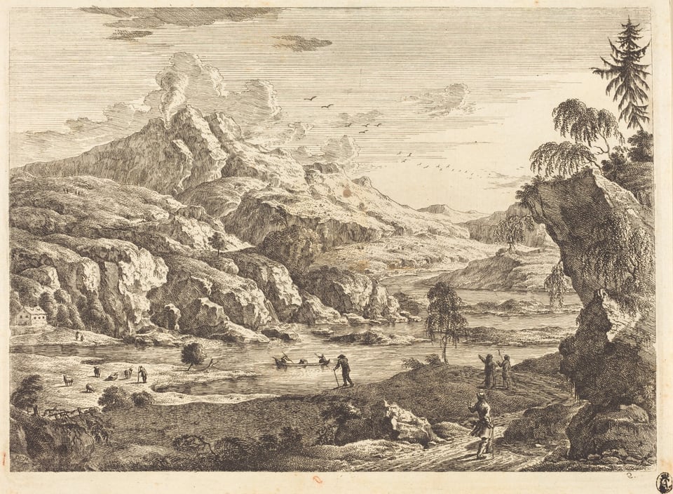 The image depicts a landscape scene from an elevated point of view. The horizon shows distant mountains with smoke rising from the tallest peak. Linear brushstrokes create detailed textures of the rocky landscape, clouds, and birds in the sky. The color palette is monochromatic with earthy tones. Figures are shown engaging in activities near a river, surrounded by trees, rocks, and meadows. Hills lead to mountainous formations on the far horizon, under a cloudy sky with a flock of birds.