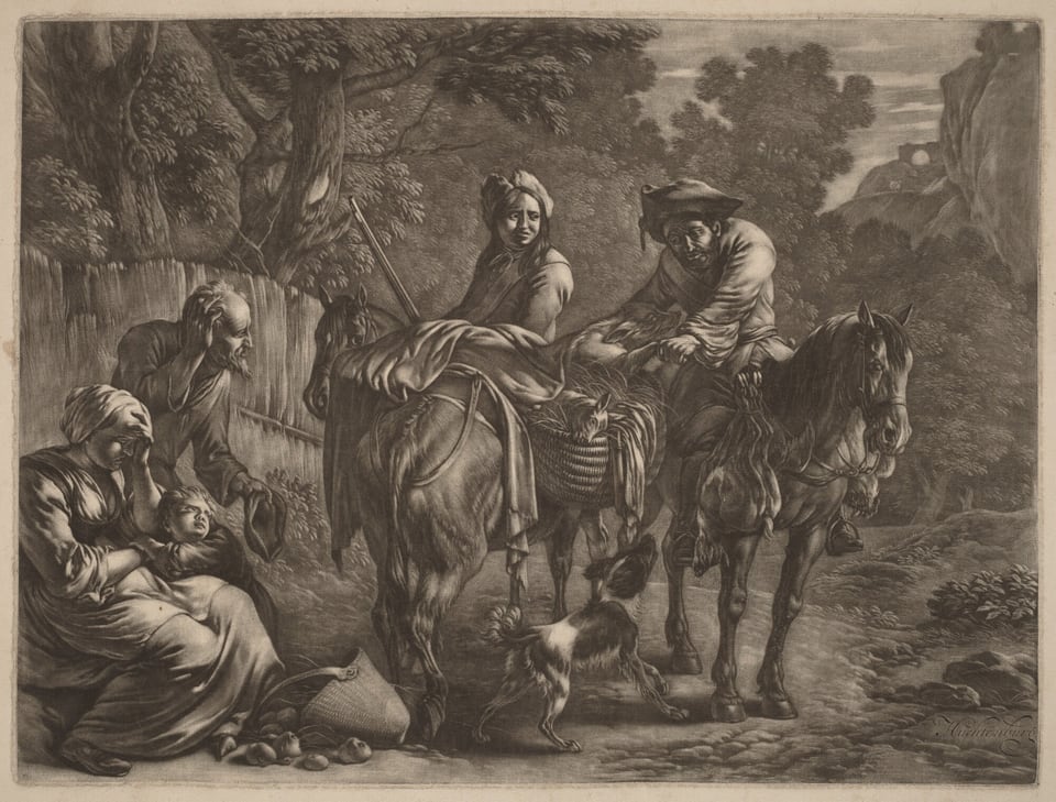 This is a drawing of a rural scene with horses and figures. The image shows an interaction between several figures and two horses within a pastoral setting. In the foreground, two individuals are seated on the ground, accompanied by a small child. Nearby, a figure atop a horse reaches towards another figure who leads a laden horse. A dog is present, standing alert at the horse's hooves. The backdrop showcases lush trees and distant hills, suggesting a serene countryside environment. The attention to detail and shading creates a realistic depiction of this rustic scene.