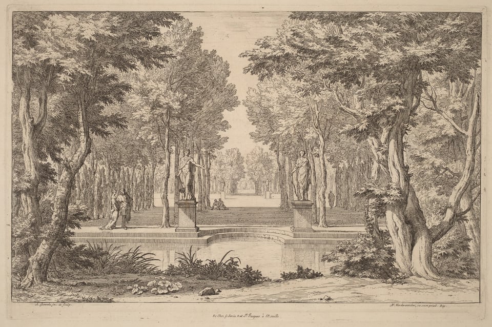 The image shows a formal garden or park with a symmetrical view. It is taken from a slightly elevated position, revealing the vast space beyond a foreground of foliage and low-growing plants. The horizon line is positioned near the midpoint, where a tree-lined pathway extends into the distance. Flanking the pathway are two statues on pedestals under leafy trees. The scene is detailed with intricate line work emphasizing textures and forms. The color palette is monochromatic in various shades of brown, creating a classic appearance. Paved steps and a bridge over a small body of water add to the ordered elegance of the garden.