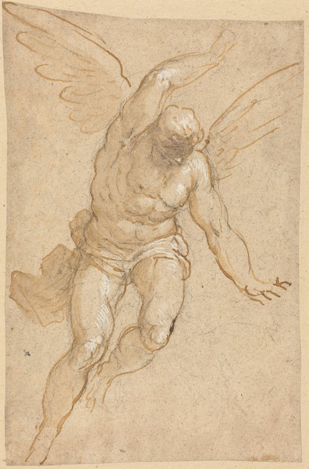 The image shows a human figure with wings positioned as though in flight. The figure is captured from a slightly frontal perspective, with the head turned downwards and the right arm outstretched. The facial features are undefined, focusing more on the body's muscular structure. The figure wears a cloth or drapery around the waist and has well-defined muscles on the chest, arms, and legs. Large wings extend out behind the figure, adding to the sense of flight. The background is plain with a light texture.