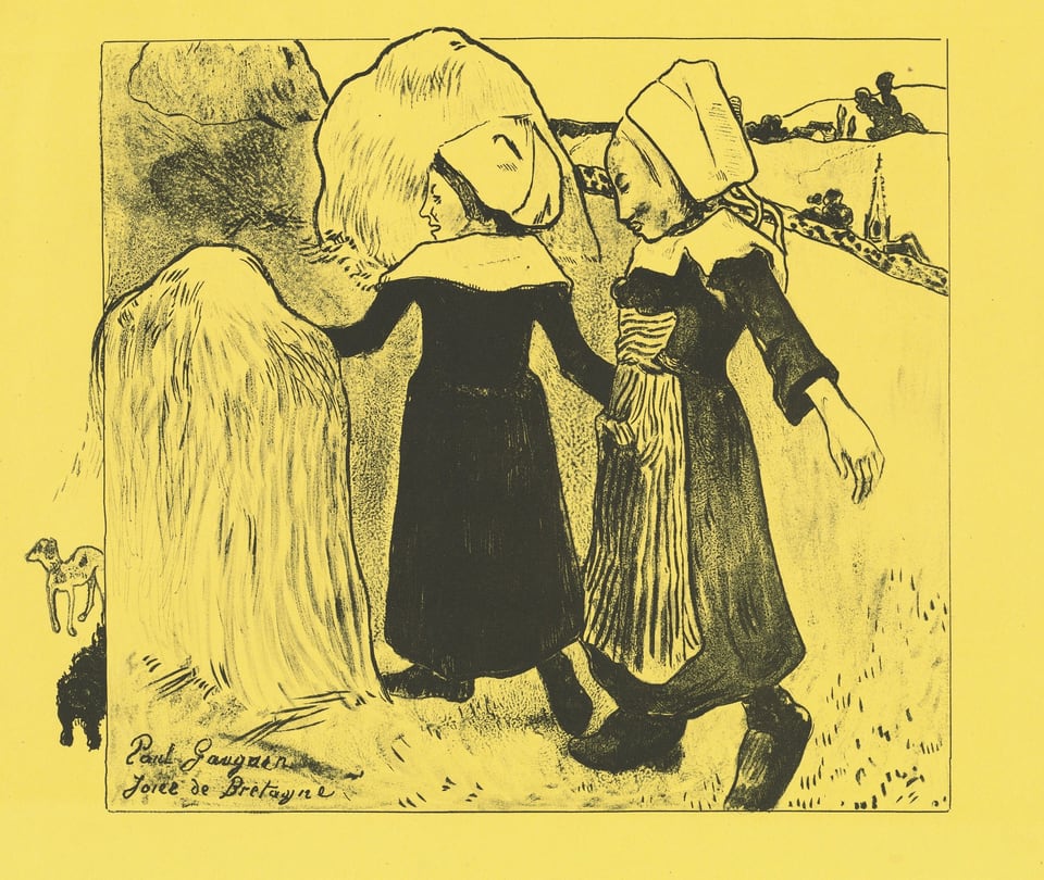 The image shows two women walking arm in arm, both in traditional attire. One woman is facing away with a slight profile, while the other is seen from the side. Their faces are stylized and simplistic with covered hair. They wear long dresses with aprons and collars, and one has a striped apron. Haystacks and greenery surround them. Faint figures are in the background, as well as a spire-like structure. A dog is seen near the haystack, with simple lines suggesting a landscape.