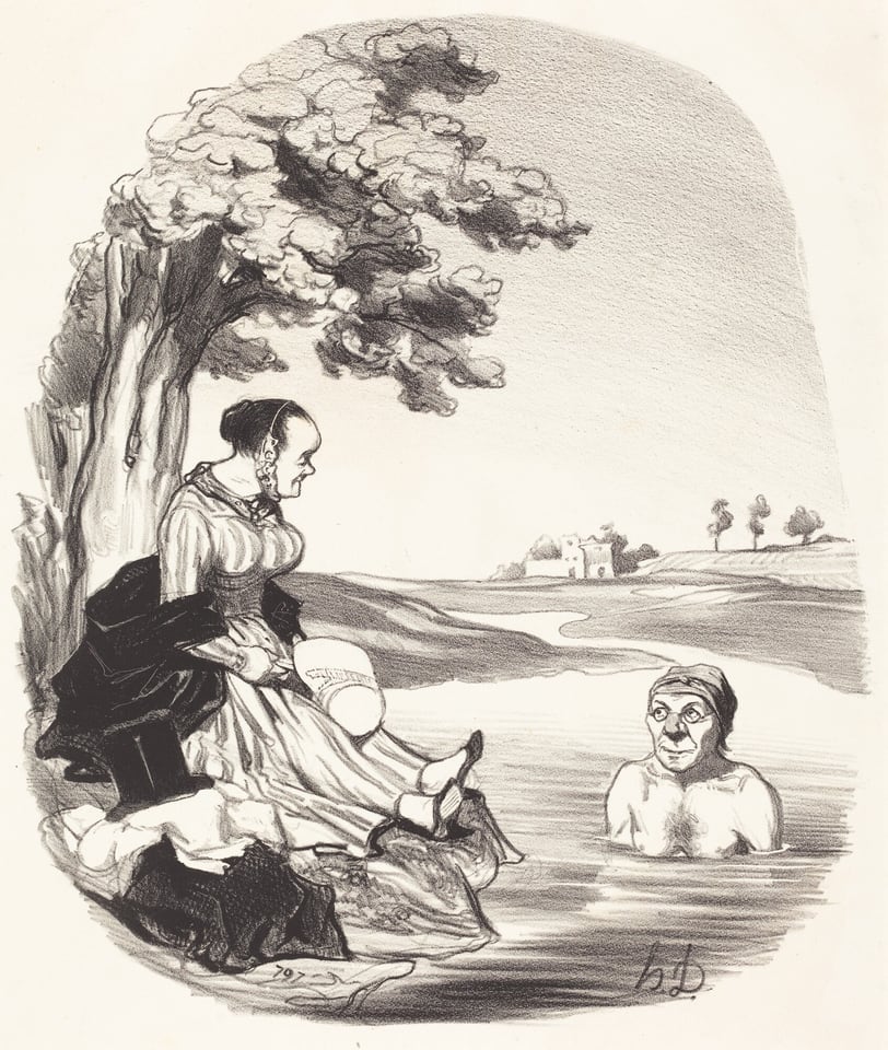 The image shows a woman sitting beside a body of water, under a tree. She is wearing a long dress and holding a bonnet by her side. In the water, a person is visible from the shoulders up with short hair. The background includes a landscape with trees, water, and a distant structure that resembles a house or castle.