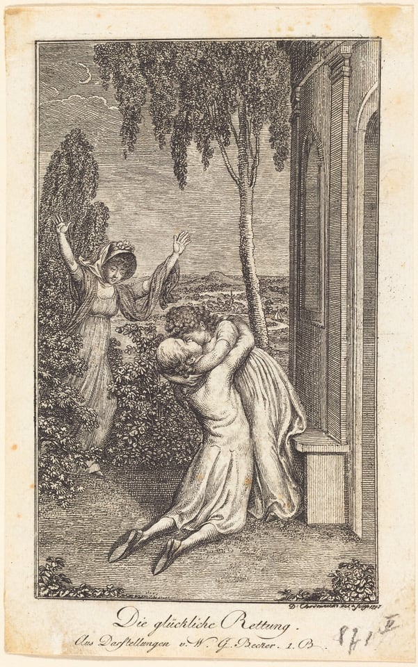 The image shows three figures. Two of them are embracing in the foreground, kneeling on the ground and facing each other in a kiss. The person on the left has curly hair and appears to be wearing a coat-like garment, while the person on the right has long hair tied back and is dressed in a long robe. The third figure emerges from the bushes in the background, with shoulder-length hair, wearing a dress with a sash and a light shawl or scarf over their head. The setting includes tall trees, shrubs, and a structure with columns and arches on the right side, suggesting a garden or courtyard. Rolling hills and cloudy skies are in the distant background.