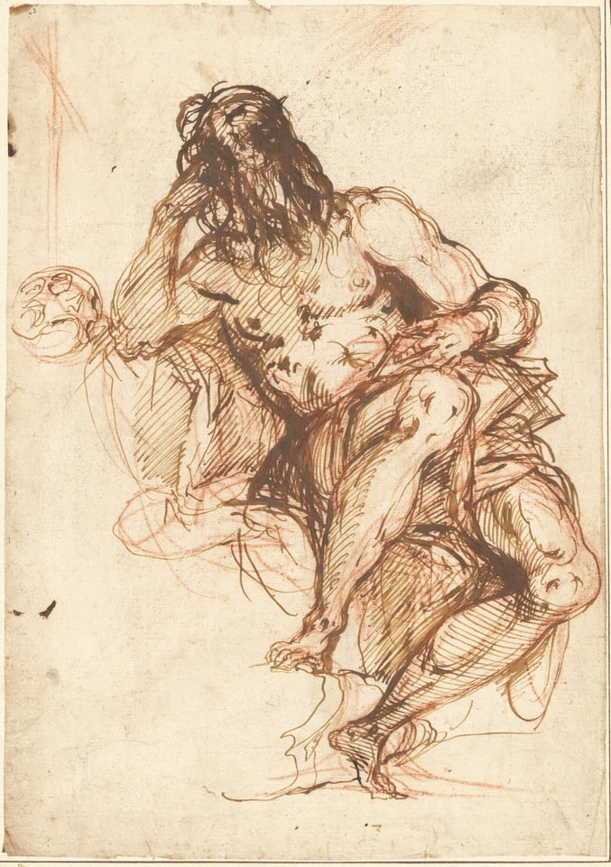The image shows a sketch of a seated bearded figure holding an orb. The figure appears muscular, with a beard merging into long hair. The face is not detailed, and draped fabric covers part of the body. There is no jewelry, and the background is plain.