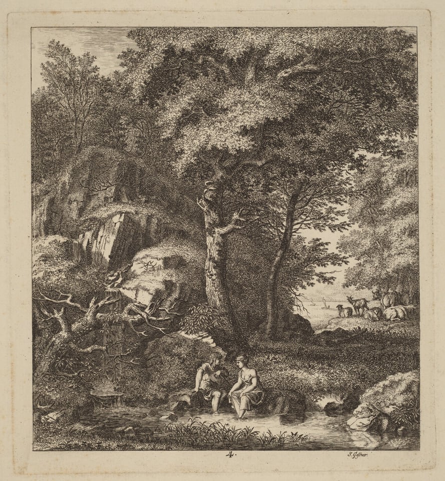The image depicts a forest scene with large trees dominating the right side, two figures seated by a stream, rocky formations on the left, grazing animals in the distance, and a monochrome color palette of brown and espresso tones.