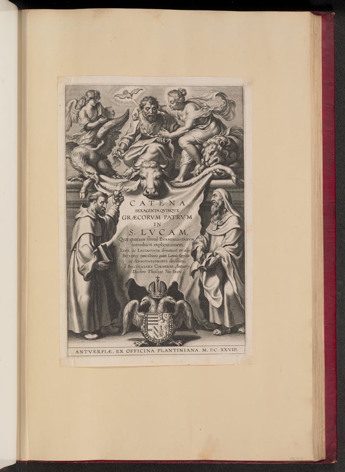 The image features a detailed black and white illustration with multiple human and animal figures in a symbolic arrangement. In the foreground, two full-body figures are depicted in long robes and sandals, positioned on either side of a large draped banner with text. One figure holds an open book. Above the banner are celestial figures in dynamic poses. To the left is a winged bull-like creature and a seated male figure with a beard, next to a female figure in classical attire. They are all surrounded by flowing fabric and a lion-like animal. In the lower center foreground, there is an emblem resembling a coat of arms with an eagle and a crowned shield. The background is textured, with no natural landscape or architecture present, allowing the figures to stand out. The illustration is framed by the margins of an open book.