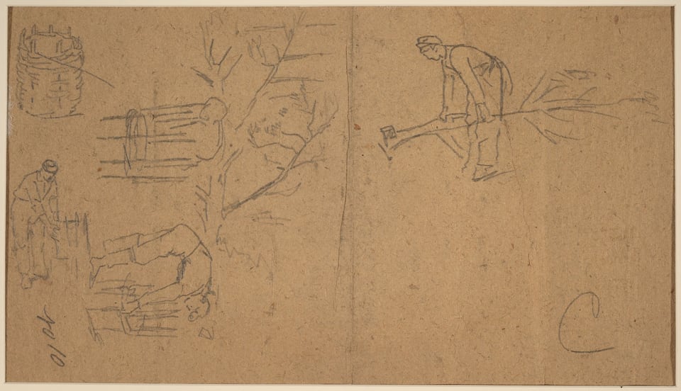 This is a drawing of various sketches related to woodcutting or carpentry. The drawing features several pencil sketches on tan paper. On the left side, there are depictions of a barrel or basket, and beneath it, several outline sketches of figures engaged in activities involving woodwork. The right side of the drawing shows a figure bent over a large beam or branch. The sketches are simple, with minimal detail, capturing the basic form and movement of the figures and objects involved in woodwork-related activities.