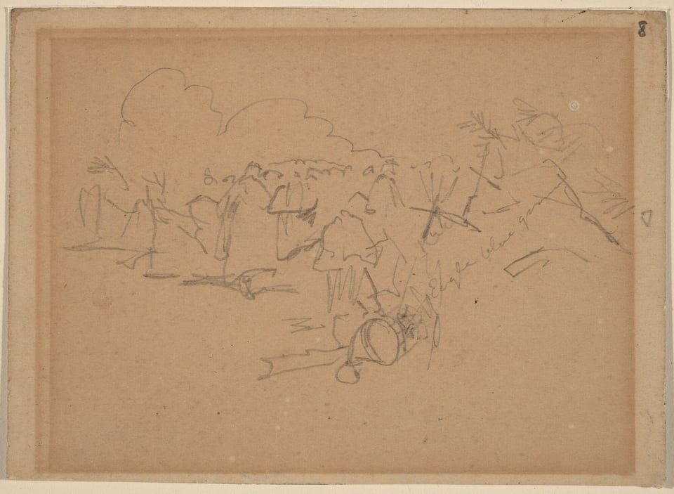 The image displays curved and angular lines creating an abstract composition hinting at humanoid shapes and possible vegetation or trees. The lines suggest motion and activity, with shapes resembling drums and sticks scattered around. The overall impression is of a gathering or event, with figures depicted standing or moving, along with lines indicating movement or sound waves from musical instruments.