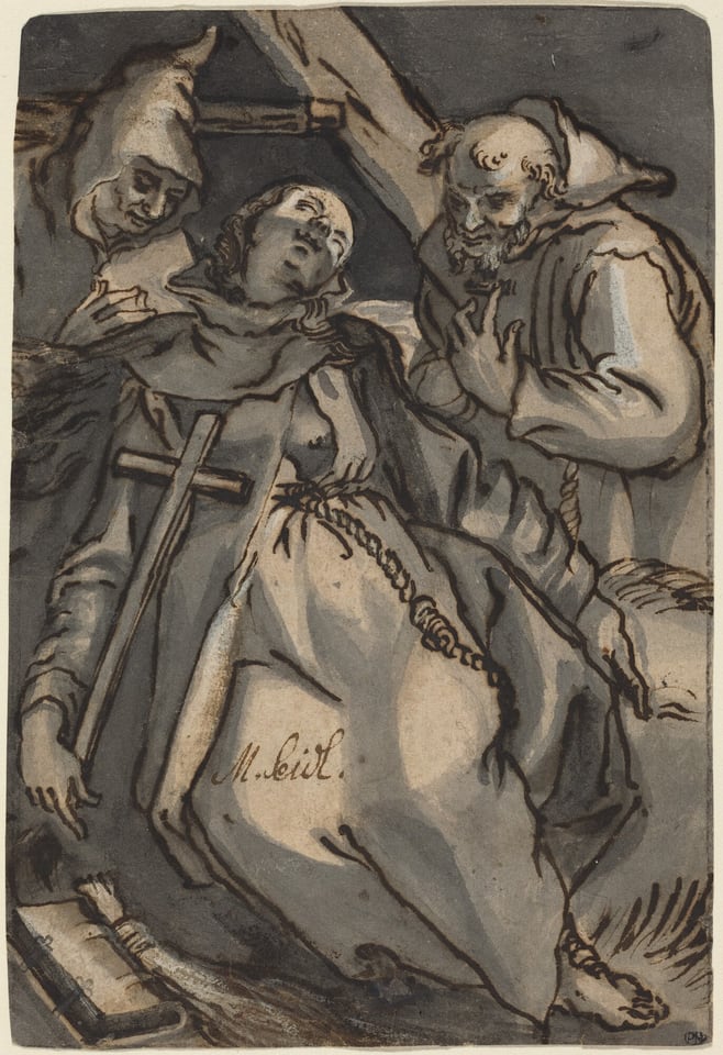 The image displays three figures. The central figure is seated and supported by the other two. The central figure has wavy dark hair, eyes closed, and wears a robe with a cross. The figure on the left looks serene, while the one on the right holds onto the cross. The background is sketchy with dark and light contrast, possibly depicting a dimly lit or nighttime setting with visible wooden beams.