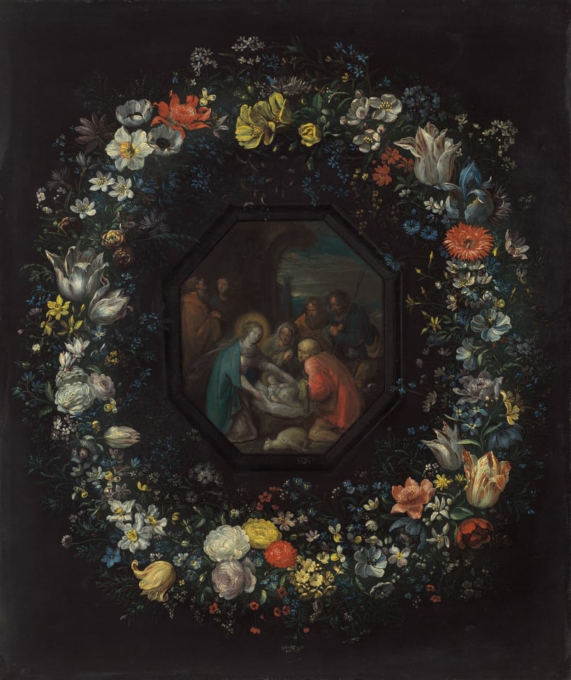 A scene with seven men and women gathered around an infant is enclosed in an eight-sided, octagonal painted frame, which is surrounded by a wreath of flowers in this vertical painting. The painted black frame-within-a-frame resembles molding. The people in the scene have pale skin and wear robes in shades of teal blue, burnt orange, red, muted purple, or red. A woman reaching for the bed on which the child lies and the child have gold halos. Others crouch or bend toward the child, and one pair, to our left, turn toward each other, presumably talking. The nighttime-blue sky is streaked with nickel-gray clouds beyond a partially ruined stone arch. A lamb with all four feet tired together lies at the foot of the child’s bed. The wreath surrounding the painting-within-a-painting is dense with tulips, roses, daffodils, poppies, violets, and other flowers and greenery painted in shades of lemon and butter yellow, opal and pearl white, brick and coral red, and sky and slate blue against an inky-black background. One artist signed the painting-within-a-painting near the bottom left corner, “FF F.” The second artist who painted this signed his initials, “HDB”, on the bottom edge of the painted frame.