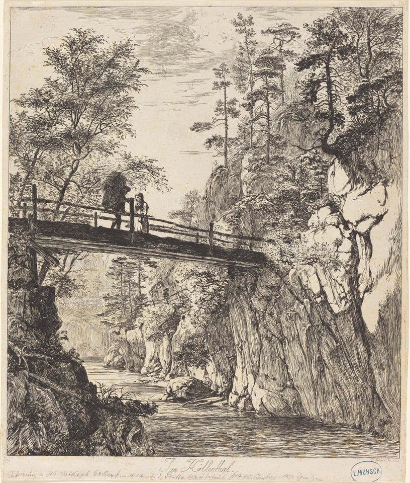 The image shows a landscape with a wooden bridge crossing over a river in a valley. The scenery includes cliffs, trees, and flowing water below. The artwork features fine, detailed brushstrokes depicting the texture of the cliffs, foliage, and water. The color scheme is monochromatic with various shades of gray and sepia tones. Two figures are seen on the bridge, contributing to the sense of scale and activity in the serene setting.
