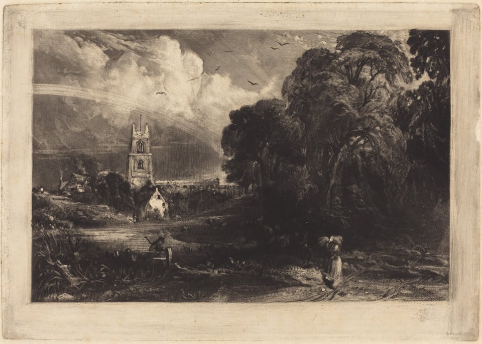 The image displays a landscape with a high vantage point. The horizon is low, with a row of trees. A church tower is off-center to the left. The church is surrounded by trees and buildings. A line of trees is on the right side. The sky has large, expressive clouds. A monochromatic palette of gray is used. A path winds through the scene, with two figures: one person working and another walking.