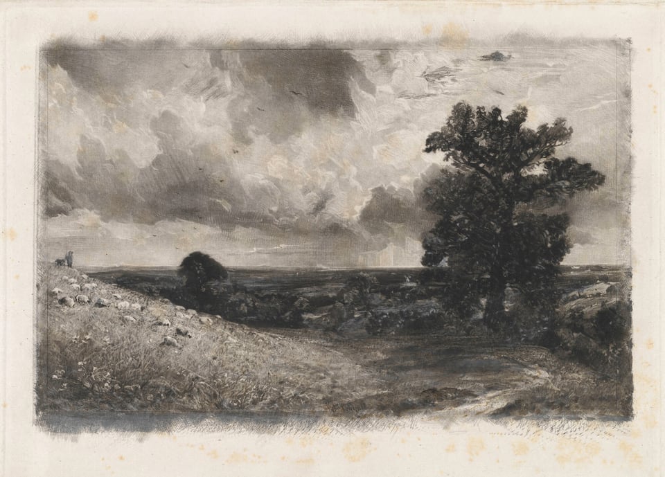 The image shows a landscape with a rolling hill in the foreground sloping downward. The horizon is high, providing a view over fields and sky. Sheep graze on the hill, tended by a person. A large, dark tree is on the right. Brushstrokes vary in the sky and land, with broad strokes for clouds and finer ones for grass and foliage. The color palette is mainly black, white, and shades of grey, highlighting light and shadow.