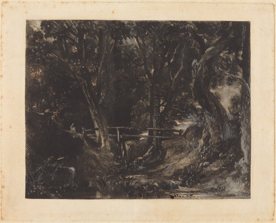 The image shows a landscape scene with a frontal view of a dense forest. A wooden bridge spans across a narrow ravine or creek. The painting features vigorous and textural brushstrokes with dark tones creating a shadowy effect. The color palette includes deep blacks, dark browns, and occasional highlights of light filtering through the canopy. In the distance, lighter areas suggest a path leading further into the woods, surrounded by trees and undergrowth.