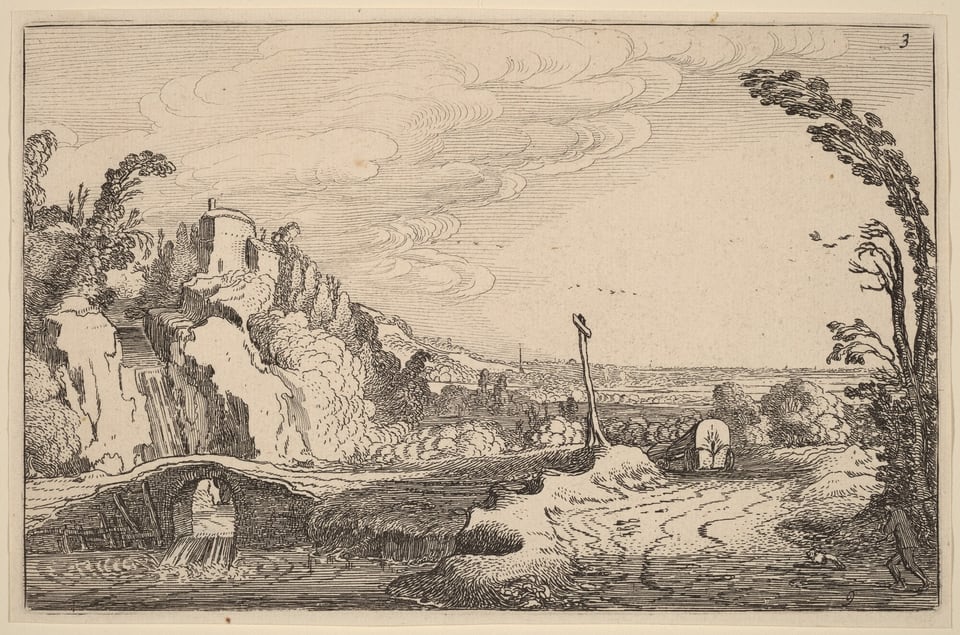 The image shows a pastoral scene in black and white with fine line work. A small bridge with a circular archway crosses a stream. A dirt path winds through the landscape flanked by grass and bushes. A rocky cliff ascends on the left with a tower-like structure partially obscured by vegetation. The horizon features a cloudy sky, with swirling lines indicating motion. In the distance, a tall, thin structure, possibly a spire or chimney, stands amid faint hills and trees. The scene conveys a serene atmosphere through hatching and cross-hatching techniques.