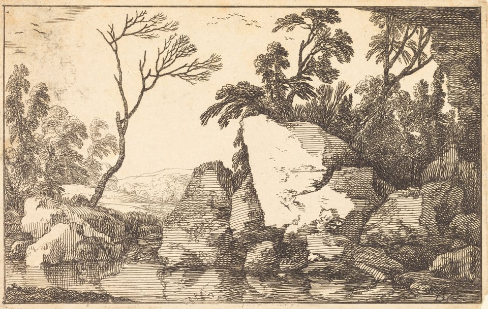 The image shows a landscape with trees, rocks, and water. The perspective is slightly elevated. Rocks are prominent in the central area, with various shapes and textures. Trees and foliage are depicted with detailed brushstrokes. The color scheme is sepia, creating a warm and vintage atmosphere. The scene includes water reflecting rocks, distant hills, and faint cloud formations.